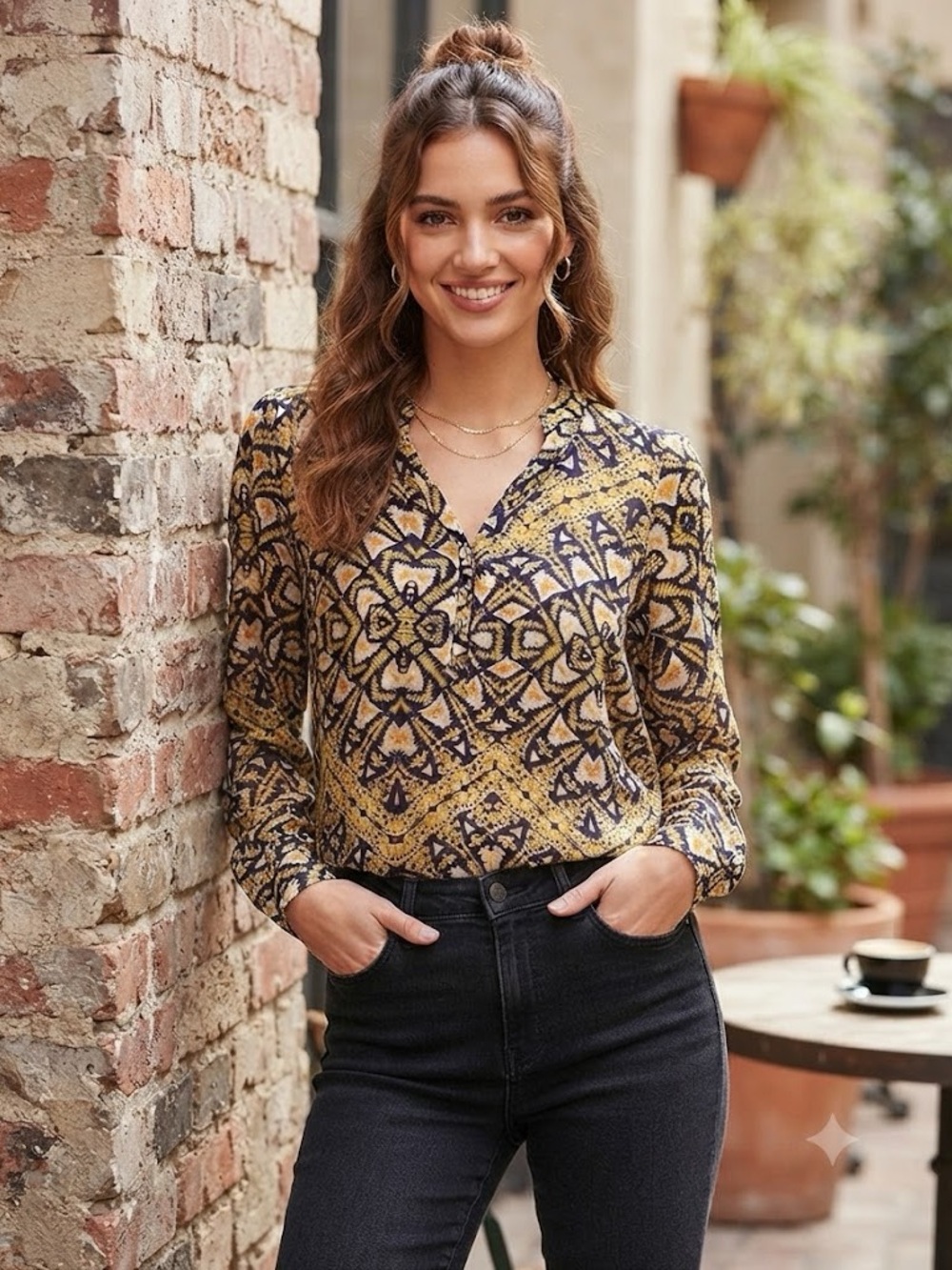 ⚡️ ANA Navy and Yellow Sheer Half Button Blouse Size PM